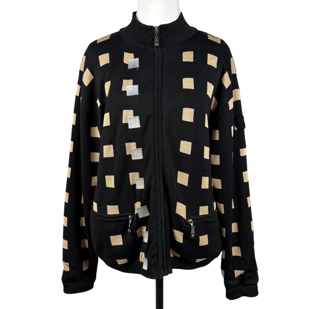 Jamie Sadock Silk Blend Knit Sport Jacket Womens M Black Geometric Full Zip